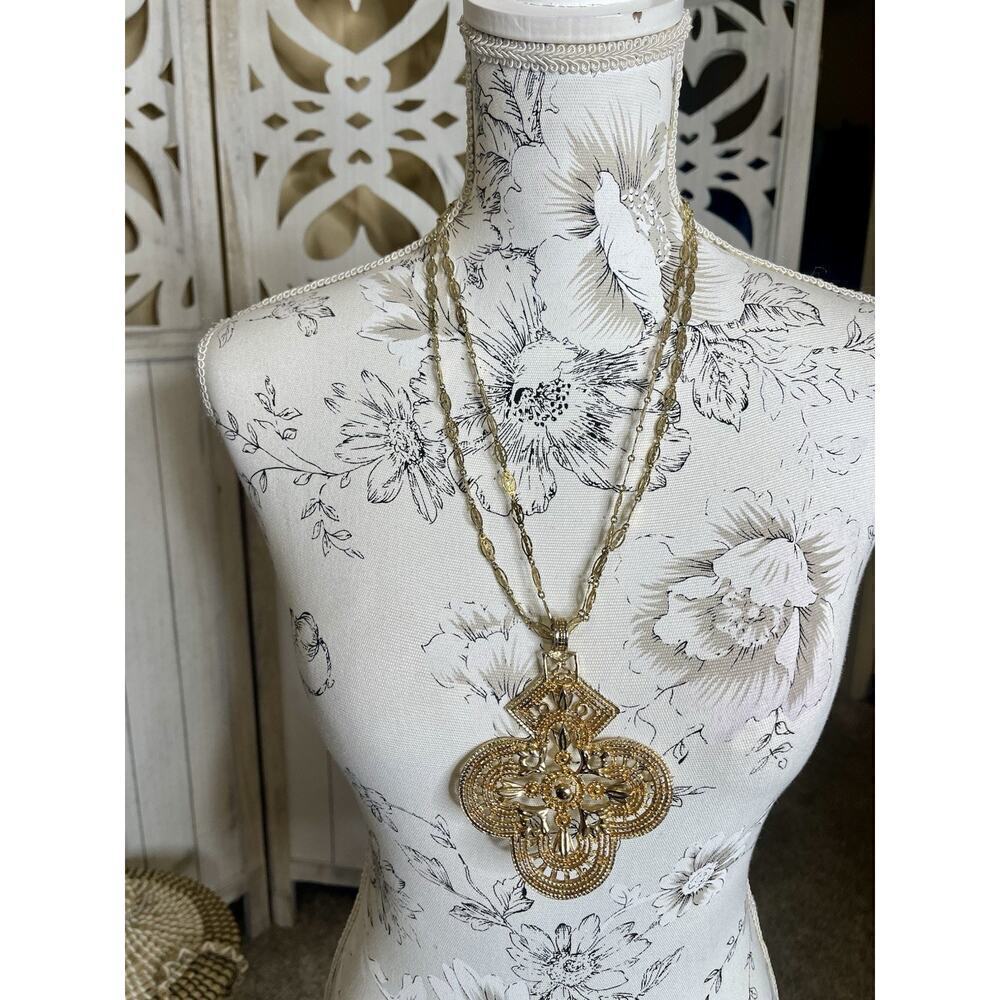 Vintage Mid-Century Look Gold Large Cruciform Pendant Charm Necklace